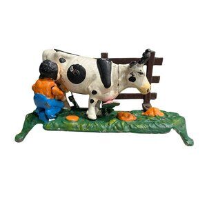 Vintage Cast Iron Kicking Milking Cow Bank Figurine 1950-1965  9"x3"x4.25"